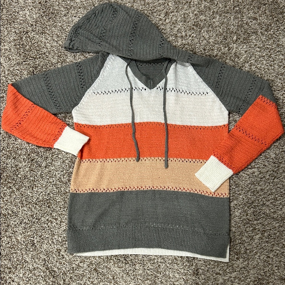 Striped Gray and peach Hooded Sweater Large